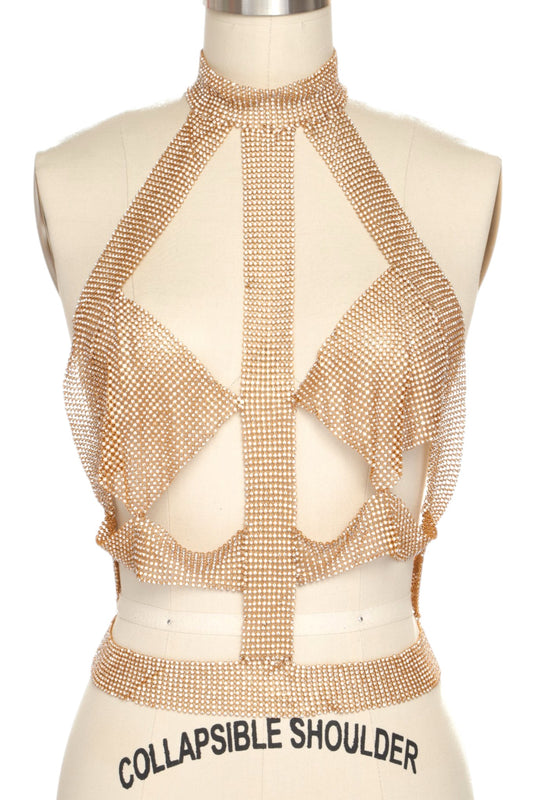 0 Gold or Silver Rhinestone Mesh Statement Body Chain