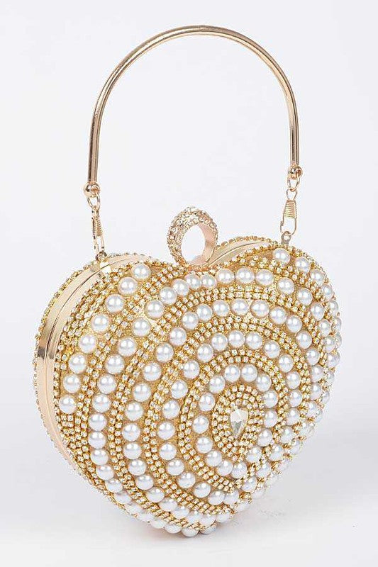 Ari Pearl Studded Heart Shape Top handle Clutch