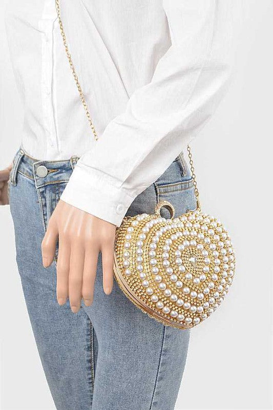 Ari Pearl Studded Heart Shape Top handle Clutch