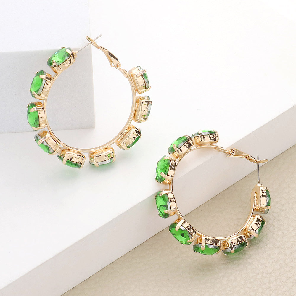 4 Gold & Green Oval Stone Cluster Hoop Evening Earrings