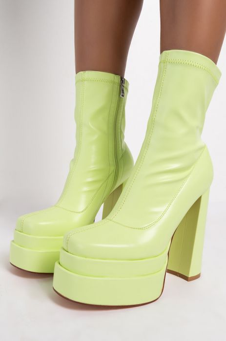 Azalea Wang Chunky Lime Platform Leather Stretchy Sock Boots
