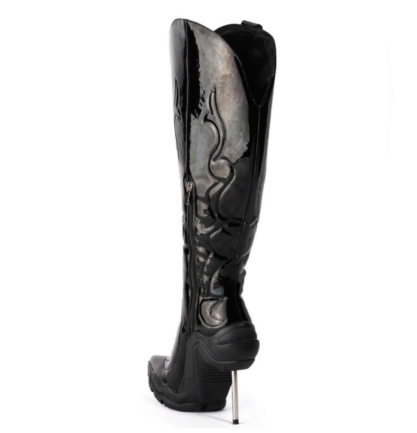 Azalea Wang Black Patent Leather Knee High Western Cowboy Boots