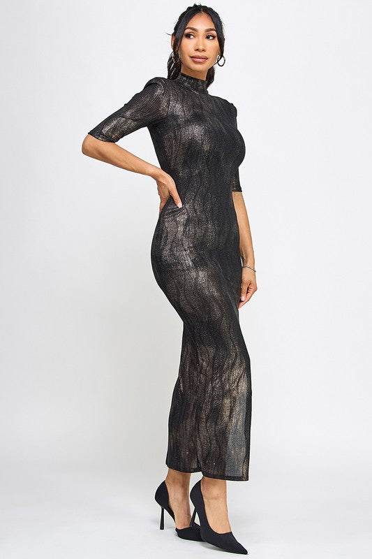 Aya Black Foil Ribbed Asymmetrical Dress