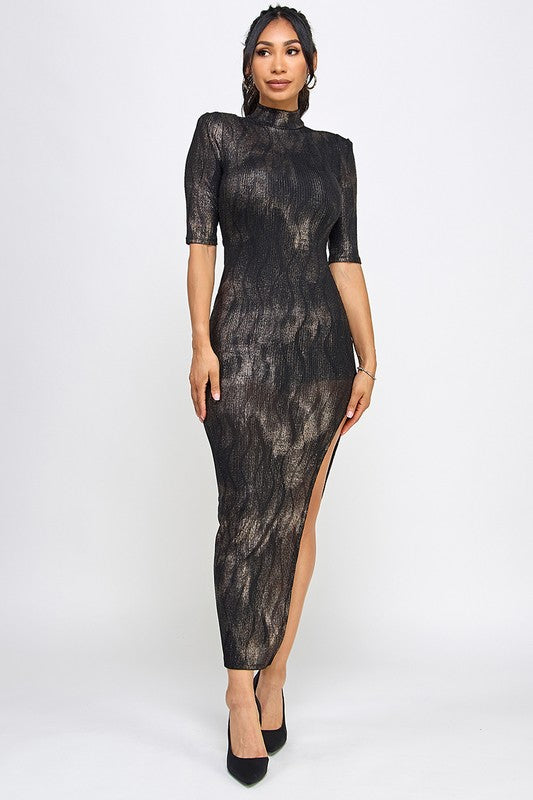 Aya Black Foil Ribbed Asymmetrical Dress