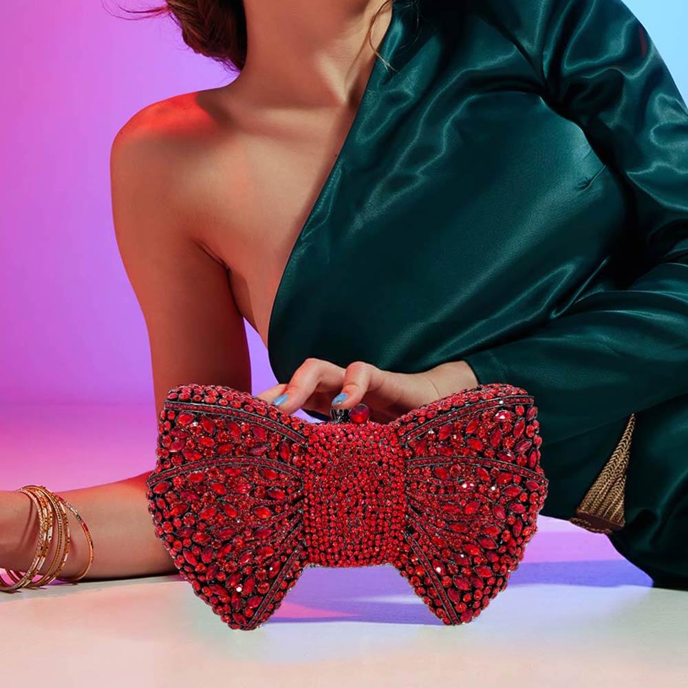 Ari Red Crystal Rhinestone Embellished Bow Evening Clutch Shoulder Bag