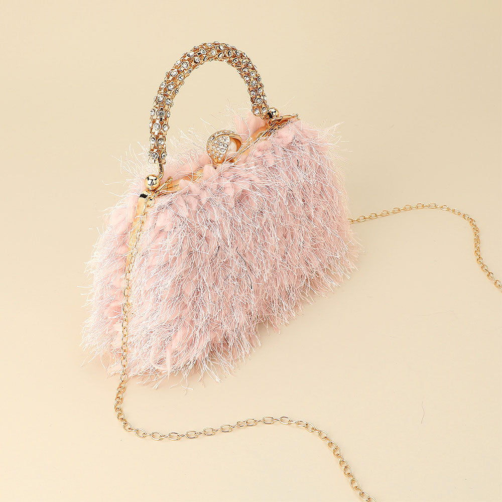 Arianna Crystal Handle Feather Embellished Clutch Crossbody Evening Bag