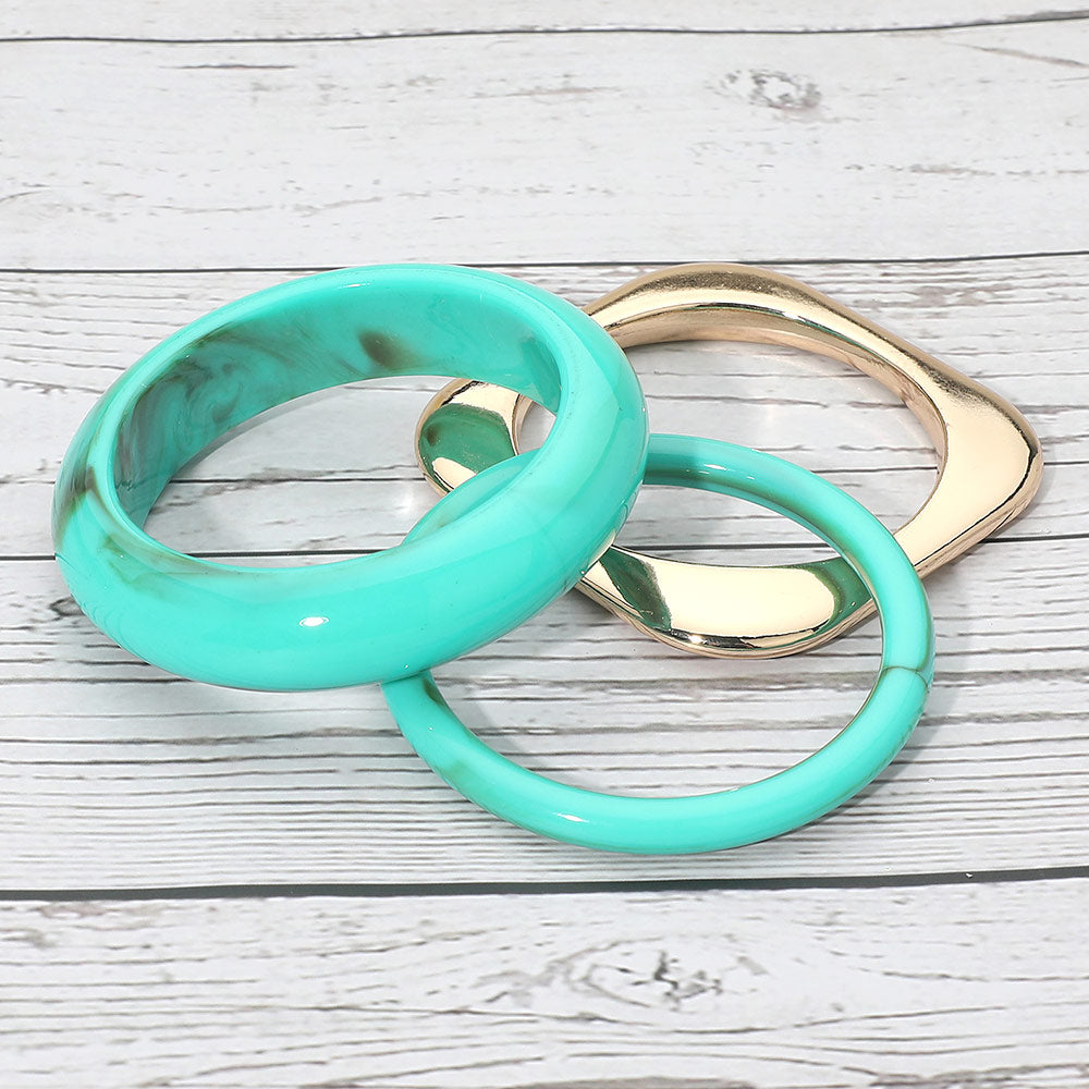 3PCS Mixed Shape Resin Flat Square Metal Bangle Multi Layered Bracelets