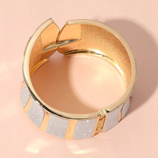 10K Gold Plated Sparkle Abstract Wide Hinged Bangle Bracelet