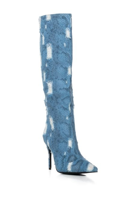 AZALEA WANG Blue Denim Snakeskin Knee High Boots