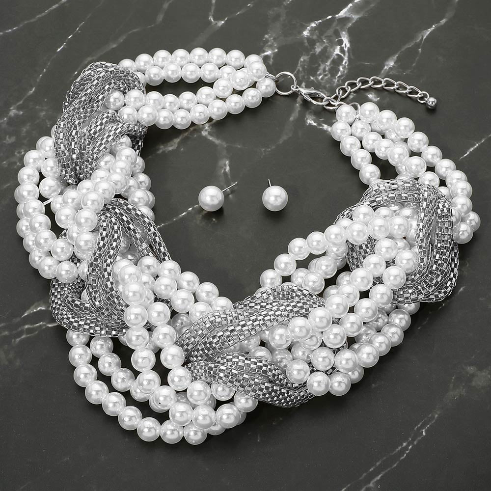 A Bold Braided Pearl Metal Mesh Knot Statement Necklace