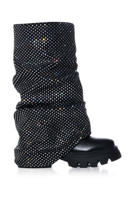 Azalea Wang Black Vegan Leather Rhinestone Diamond Overlay Boots