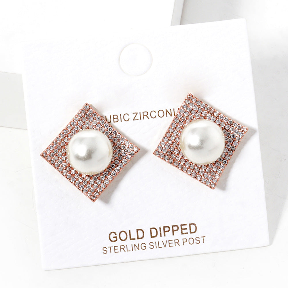 10K Rose Gold Dipped CZ Pearl Post Statement Earrings