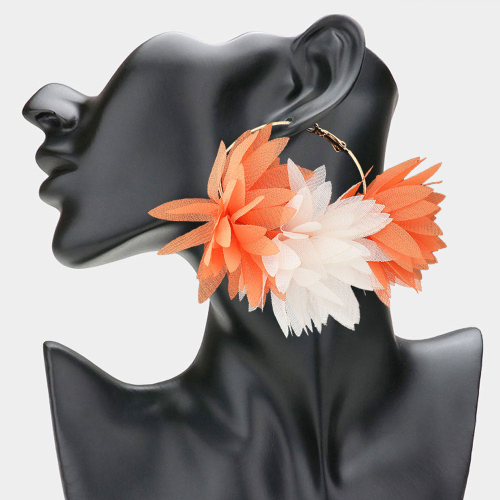 1 Oversized Fabric Floral Petal Statement Hoop Earrings