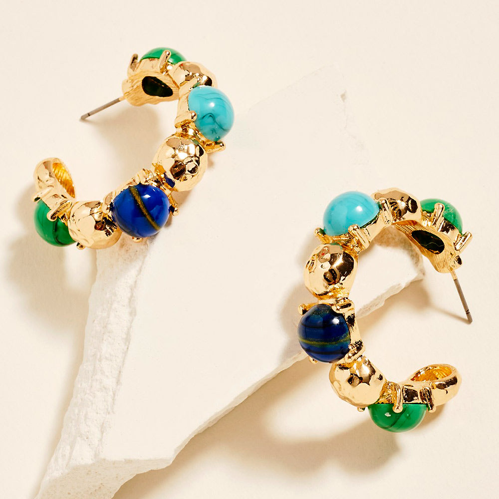2 Round Bead Accent Chunky Hoop Statement Earrings