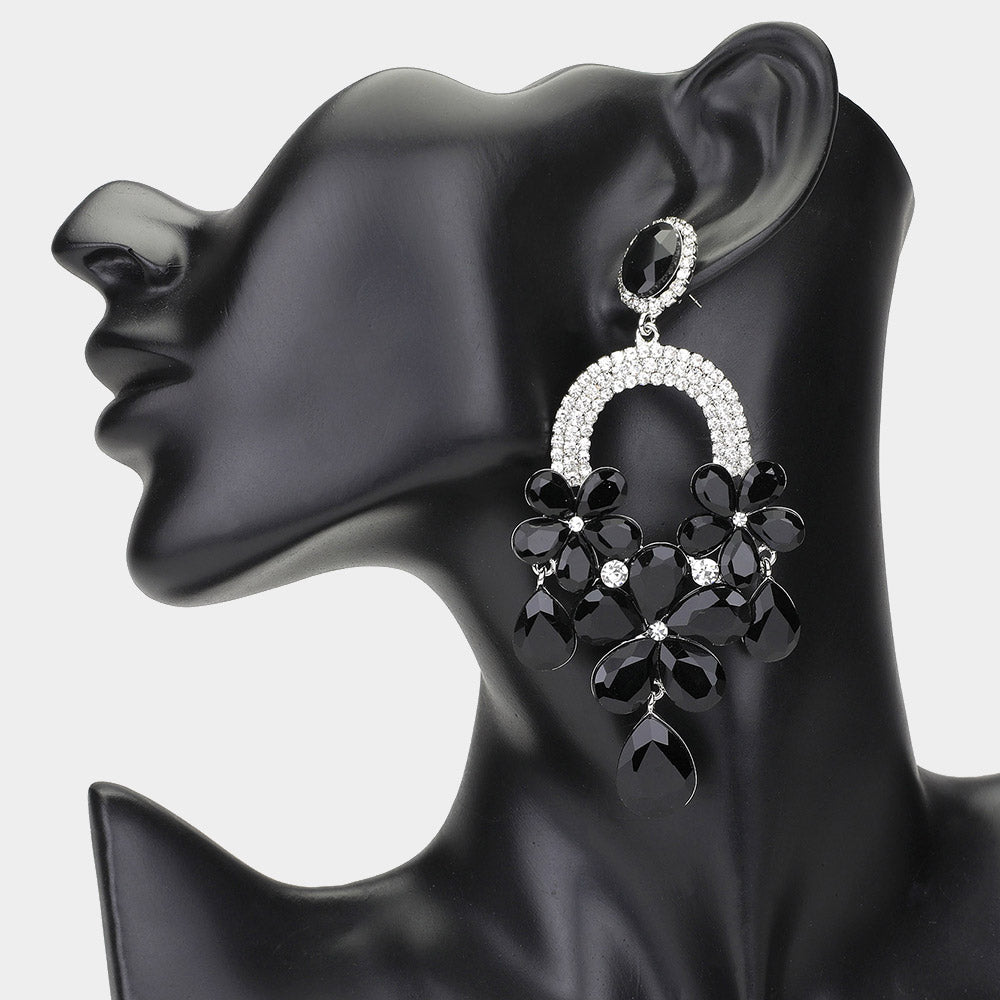 2 Flower Teardrop Stone Embellished Chandelier Dangle Earrings