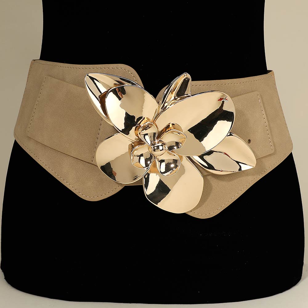 Metal Floral Buckle Accent Wide Elastic Corset Belt