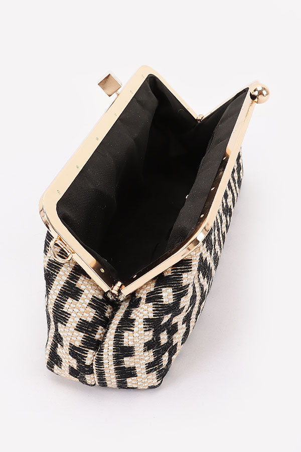 4 Kiss Lock Convertible Faux Straw Clutch Shoulder Bag