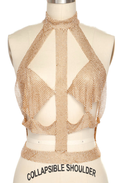 0 Gold or Silver Rhinestone Mesh Statement Body Chain