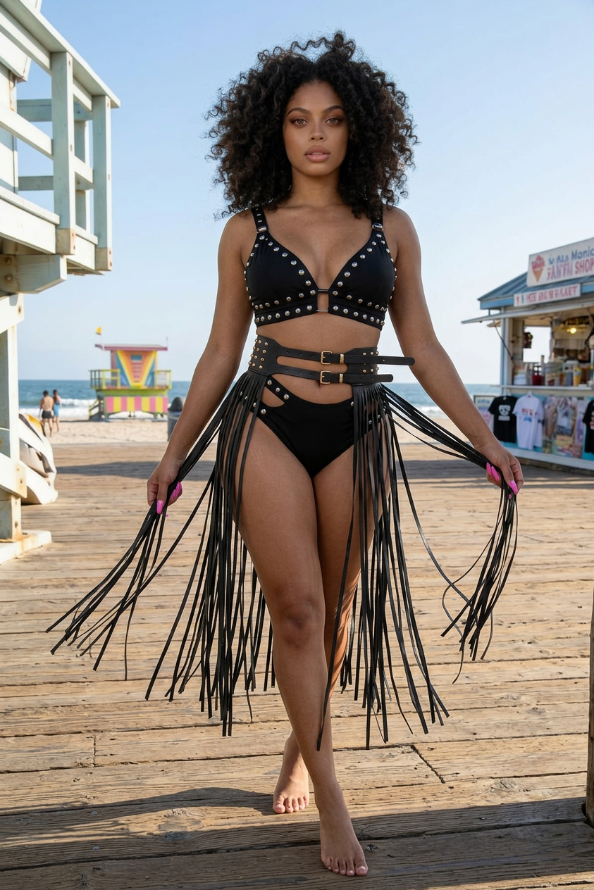 1 Long Vegan Leather Fringe Skirt Belt