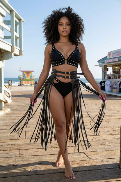 1 Long Vegan Leather Fringe Skirt Belt