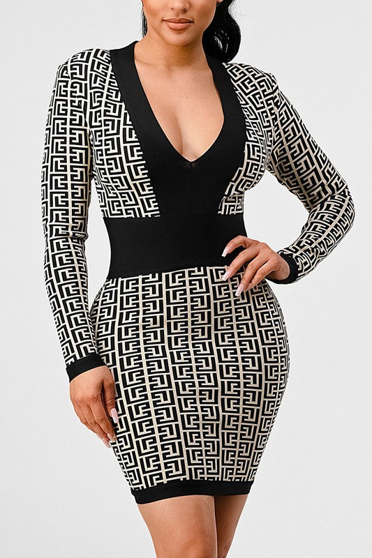 BLACK AND WHITE PRINT BANDAGE DRESS