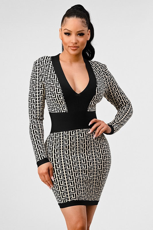 BLACK AND WHITE PRINT BANDAGE DRESS