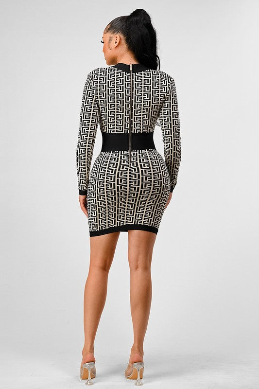 BLACK AND WHITE PRINT BANDAGE DRESS