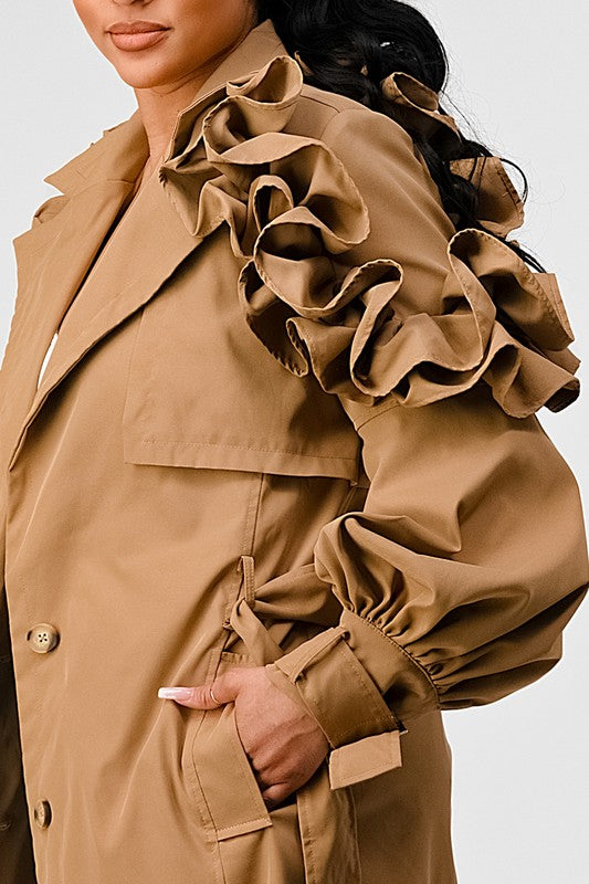 RUFFLE FLORAL SLEEVE TRENCH COAT