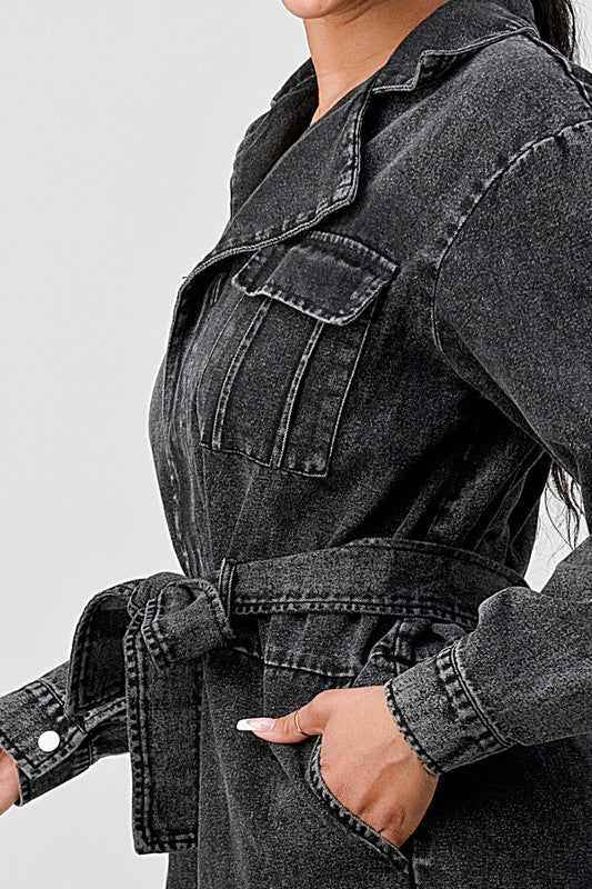 BLACK WASHED DENIM TIE DETAIL JUMPSUIT