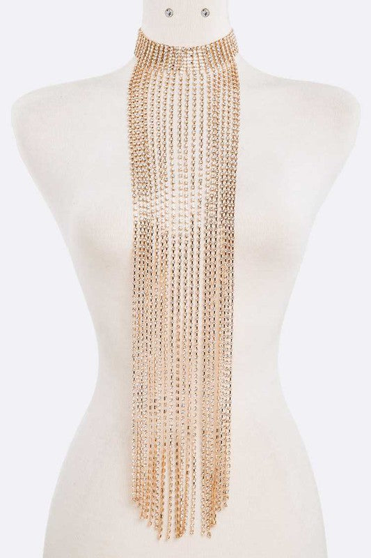 Bling Rhinestone Fringe Chain Statement Choker Necklace