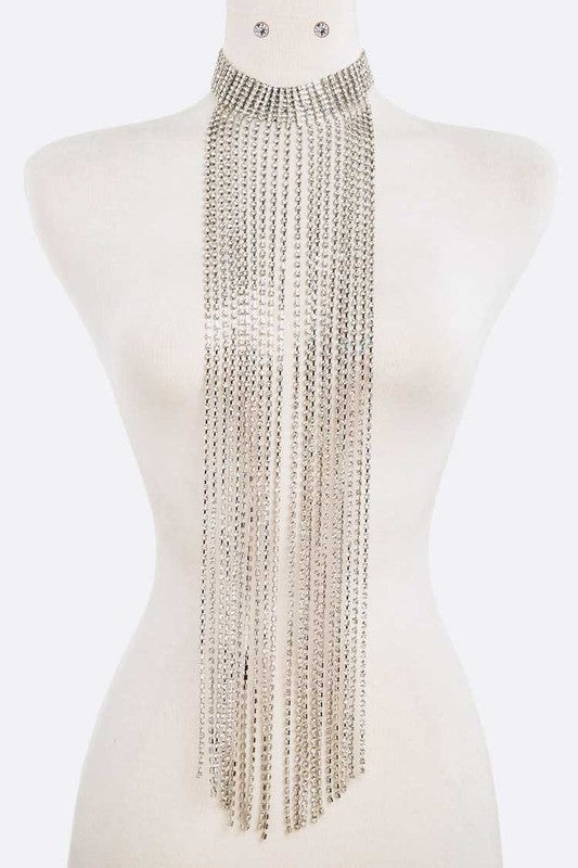 Bling Rhinestone Fringe Chain Statement Choker Necklace