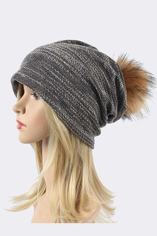 Faux Fur Pom Cotton Blend Slouchy Beanie