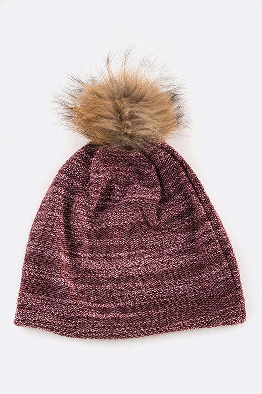 Faux Fur Pom Cotton Blend Slouchy Beanie