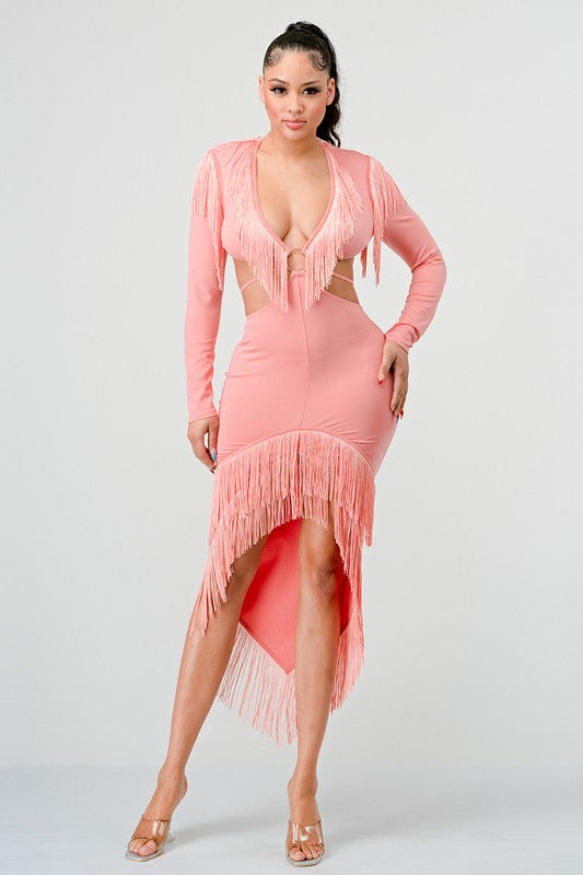 PINK SWEETHEART TASSEL BANDAGE DRESS