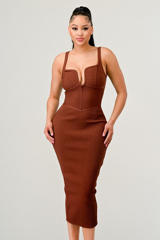 BROWN BANDAGE MIDI DRESS