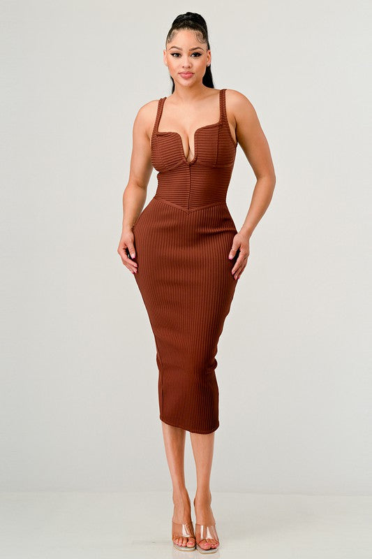 BROWN BANDAGE MIDI DRESS