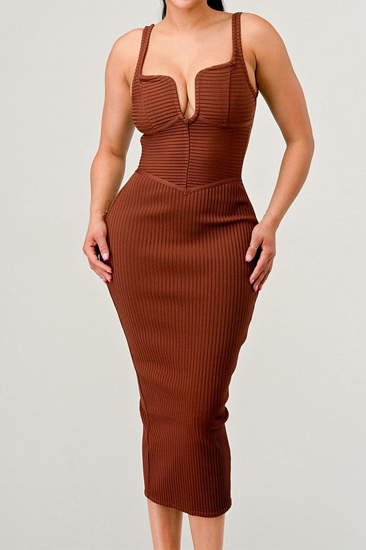 BROWN BANDAGE MIDI DRESS