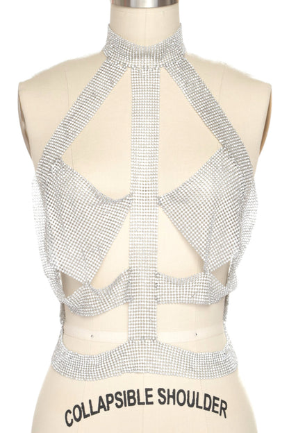 0 Gold or Silver Rhinestone Mesh Statement Body Chain
