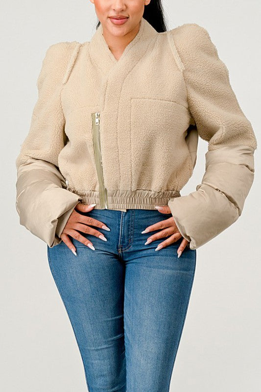 Cream Plush Puff Sleeve Bomber Jacket