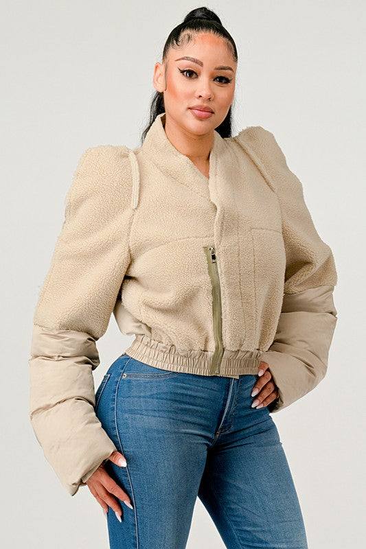 Cream Plush Puff Sleeve Bomber Jacket