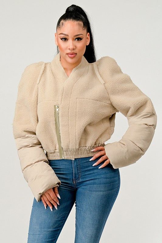 Cream Plush Puff Sleeve Bomber Jacket