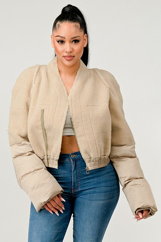 Cream Plush Puff Sleeve Bomber Jacket