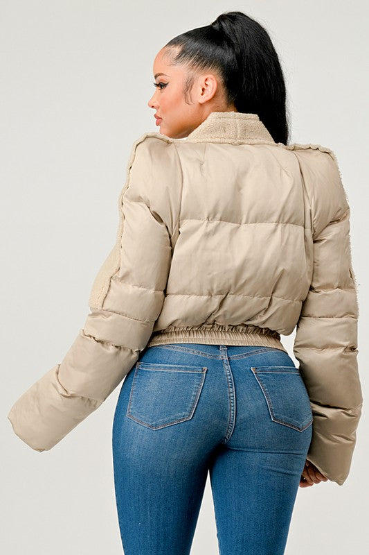 Cream Plush Puff Sleeve Bomber Jacket