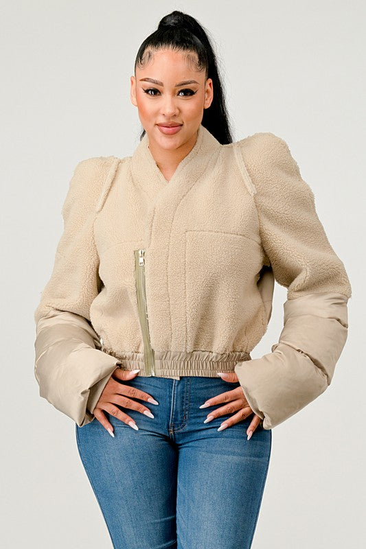 Cream Plush Puff Sleeve Bomber Jacket