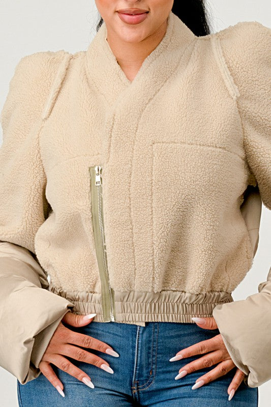 Cream Plush Puff Sleeve Bomber Jacket