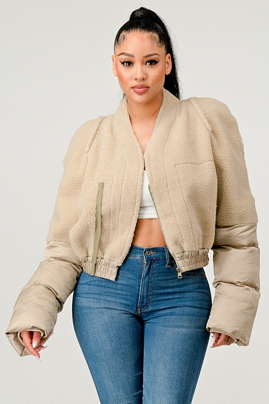 Cream Plush Puff Sleeve Bomber Jacket