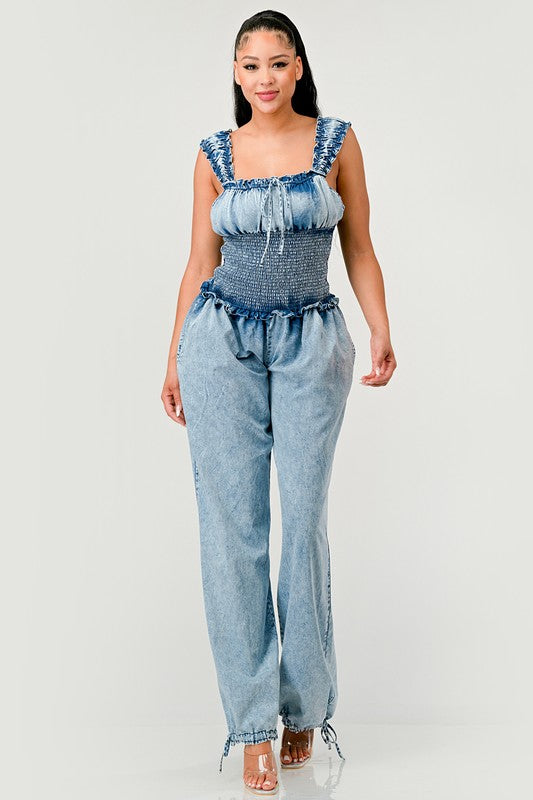 Denim Chambray Charm Ruffled Jumpsuit