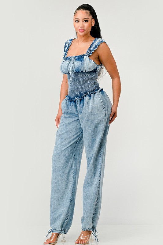 Denim Chambray Charm Ruffled Jumpsuit