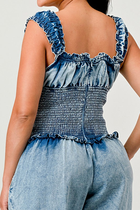 Denim Chambray Charm Ruffled Jumpsuit