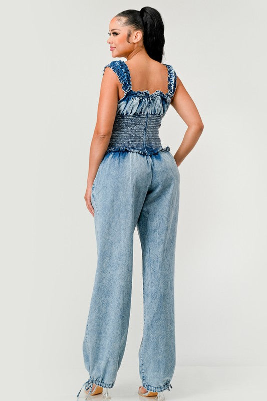 Denim Chambray Charm Ruffled Jumpsuit